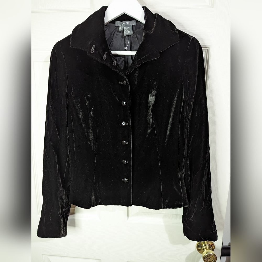 Per Se Women's black velvet button front jacket shirt size 6